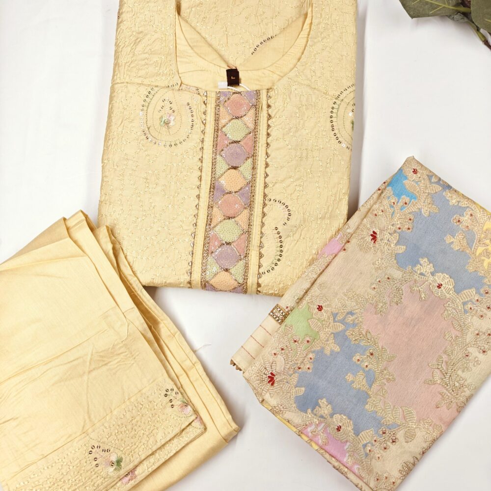 "lucknavi Yellow Vibrant Hues Kurti Set with Dupatta and Pants - Bright and cheerful ethnic wear for women, featuring bold yellow shades and intricate patterns, perfect for casual and festive occasions."