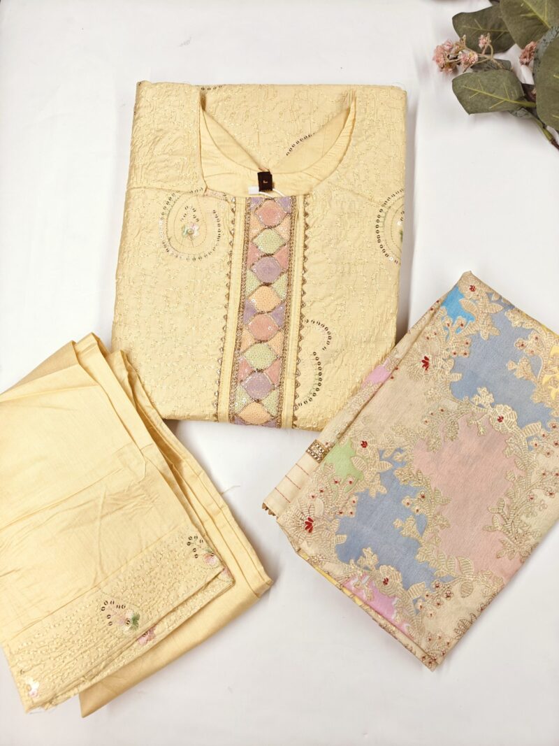 "lucknavi Yellow Vibrant Hues Kurti Set with Dupatta and Pants - Bright and cheerful ethnic wear for women, featuring bold yellow shades and intricate patterns, perfect for casual and festive occasions."