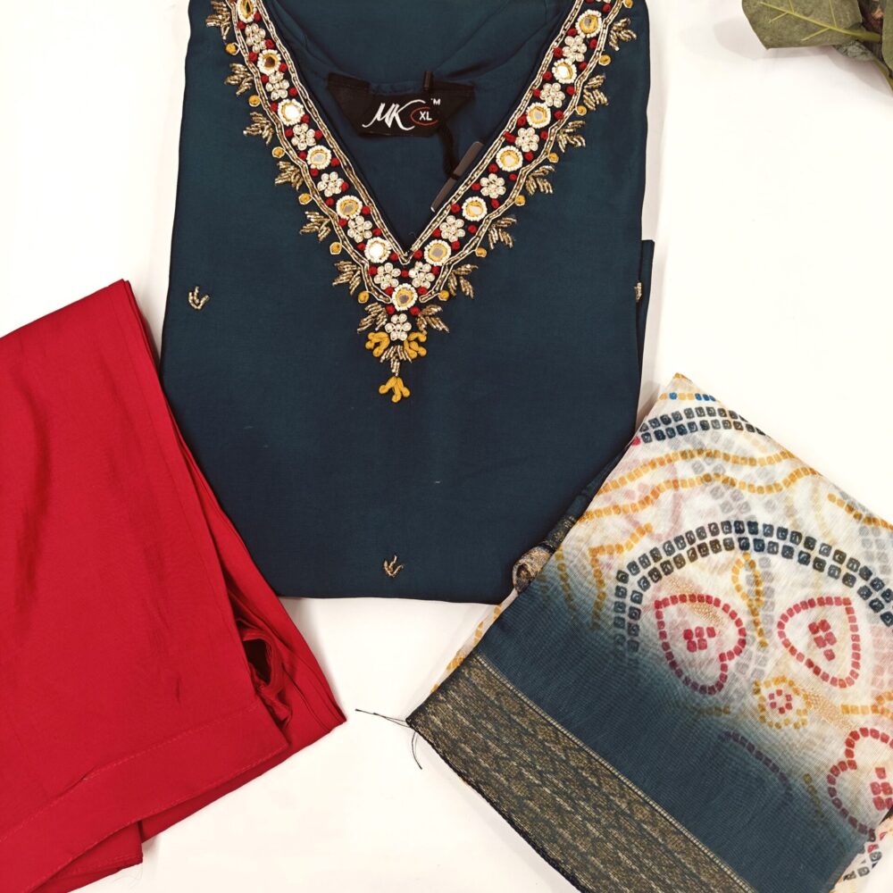 "Bottle Green 3-Piece Kurti Set - A timeless and elegant ethnic ensemble featuring a rich bottle green color with intricate design details, perfect for formal and festive occasions."
