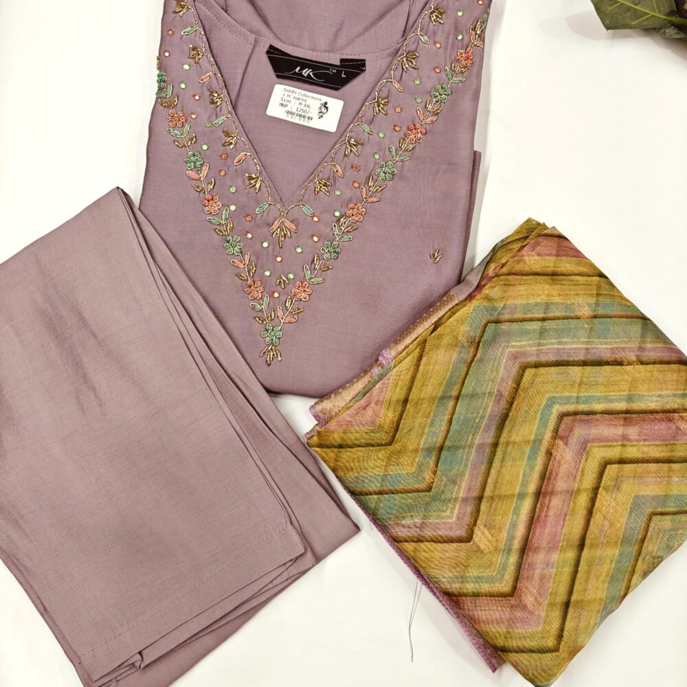 Lavender 3-Piece Kurti Set with Dupatta and Pants - Elegant ethnic wear for women in soft lavender tones