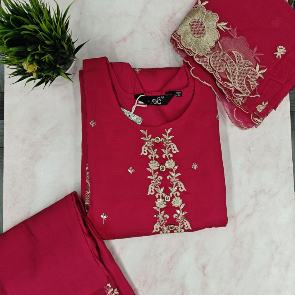 Hand-Embroidery kurti set with palazzo and organza dupatta.